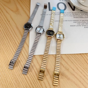 Women's square analog watches with gold and silver link bands and colorful dials