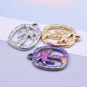 Three 304 stainless steel coconut tree pendants in silver, gold, and rainbow finishes