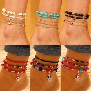 Juego Tobillera Pulsera Aleación Bohemio Mujer Vintage Mal de Ojo Mano de Fátima Grava Chapado Oro Joyería Playa Regalo