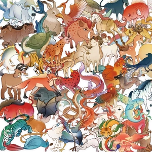 50 pieces of transparent waterproof PET stickers featuring cartoon mythical creatures and animals