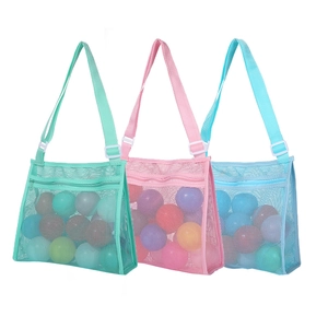 Three colorful mesh beach bags for kids shell collecting with zipper and strap