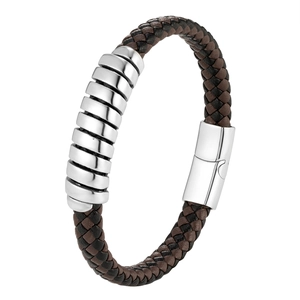 Retro braided leather bracelet for men with polished stainless steel magnetic clasp