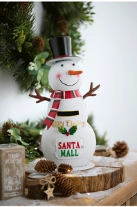 Close-up of a festive white metal snowman mailbox with Merry Christmas and Santa Mail text