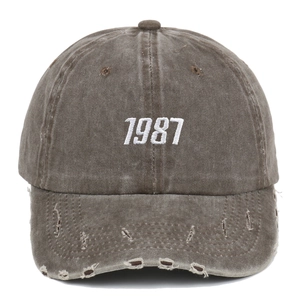 Vintage Baseballkappe in Grau mit 1987-Stickerei und abgenutztem Riss am Schirm
