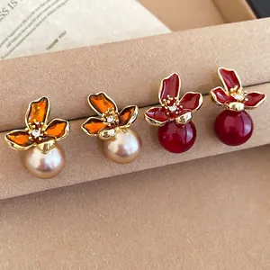 French vintage flower pearl earrings with amber and red enamel finish for women