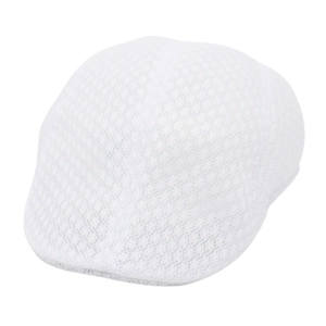Close-up of white mesh flat cap showing breathable knitted texture and hollow structure