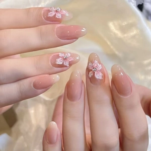 Unghie Finte Fatte A Mano Forma Mandorla Sfumatura Rosa Fiore 3D Perla Artificial Strass Unghie Decorative Elegante
