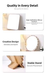 Close-up of the adjustable wooden stand and stable folding hinge of the desktop makeup mirror