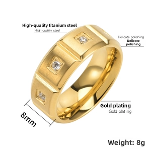 Detail of 8mm matte brushed 18K gold plated steel ring with square inlay accents