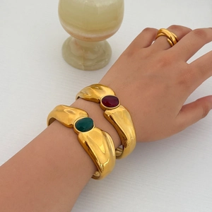 Chic 18k gold plated stainless steel open bangles with red and green gemstones