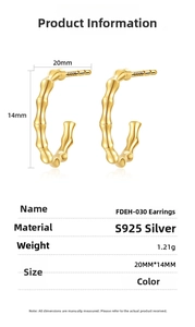 Detailed size chart and material specs for S925 silver bamboo-style stud earrings