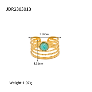 Detailed view of gold multi-layer ring with green malachite stone and size dimensions