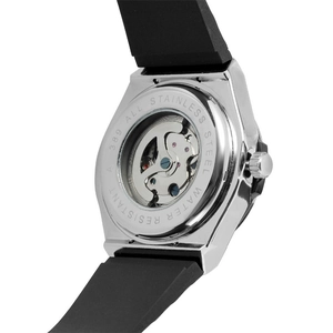 Exhibition case back showing internal mechanical movement of the stainless steel watch