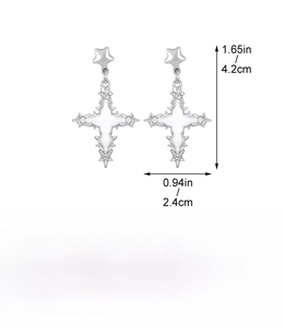 Detailed view of silver star cross earrings with dimensions 4.2cm height and 2.4cm width