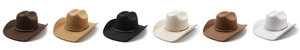 Classic western felt cowboy hats shown in six colors with decorative gold metal bands