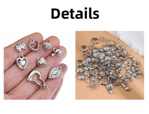 Close-up of assorted silver heart charms and bow pendants for DIY jewelry making
