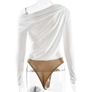 Detail view of white off-shoulder long sleeve bodysuit with asymmetric pleated design