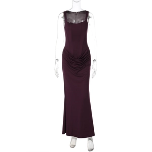 Detail of elegant deep purple ruched evening gown with sleeveless slimming fit