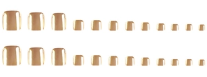 Glossy gold press-on toenail set with 24 pieces in various sizes on white background