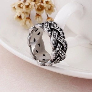 Silver woven design stainless steel ring with rhinestones and vintage finish for men and women