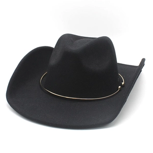 Classic black wool felt western cowboy hat with gold metal chain accent and rolled brim
