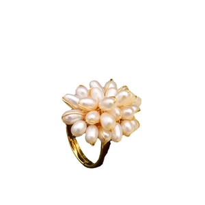 Bague fleur en argent 925 avec perles naturelles roses et blanches, dorée