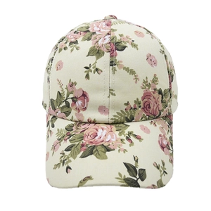 Beige floral baseball cap with pink rose print and curved brim for women outdoor wear