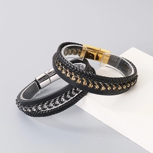 Men's multi-layer braided leather bracelet with stainless steel magnetic clasps