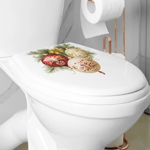 Christmas toilet lid sticker featuring red gold baubles and green pine branches