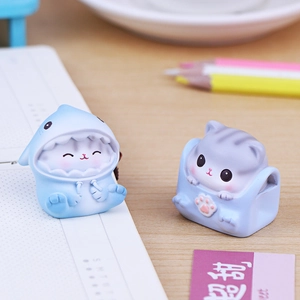 Miniature resin cat figurines in shark costume and blue bag for desk and car decor