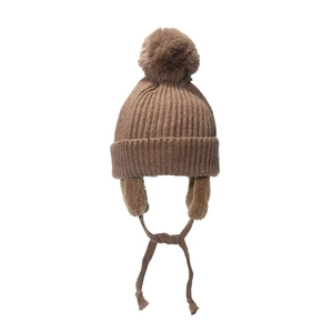 Cozy brown knitted winter hat for children featuring a fluffy pom-pom and warm ear flaps