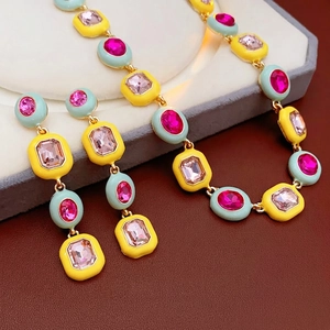 Vintage Luxury Square Geometric Necklace And Earrings Enamel Drip Oil Rhinestone Colorful Alloy With Silver Earring Post Women