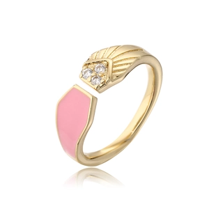 Macro view of 18K gold-plated ring featuring pink enamel and sparkling white zircon detail