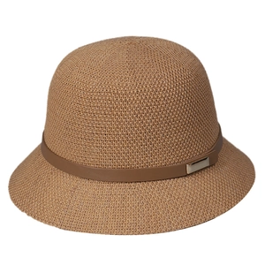 Summer knitted sun hat for women with brown leather band and golden metal buckle