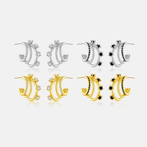 925 Sterling Silver C-Shaped Hoop Earrings For Women 18K Gold Plated Zirconia Inlaid Triple Layer Geometric Stud Earrings
