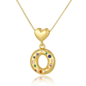 Detailed close-up of golden heart necklace featuring a round pendant with colorful zircons