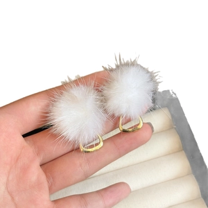 Elegant white fur ball earrings with golden D-ring clasp for women winter accessories