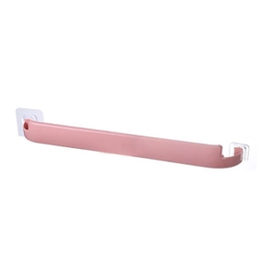 Pink wall-mounted bathroom towel rack with adhesive hooks and minimalist plastic bar