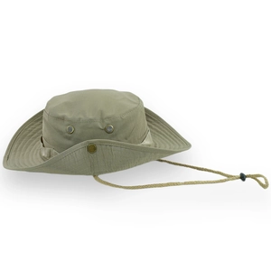 Detail of khaki outdoor boonie hat with tactical grid fabric and metal air vents
