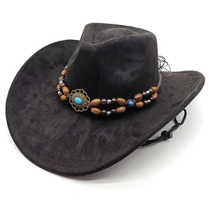 Klassischer schwarzer Cowboyhut aus Wildleder mit Holzperlenband und blauem Schmuckstein