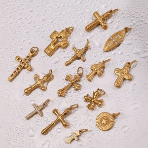 Retro 18K gold plated stainless steel cross pendants with rhinestones on water droplet background
