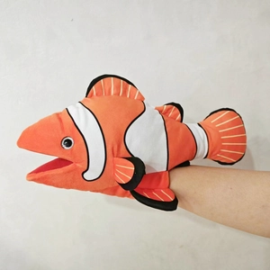 Interactive plush clownfish hand puppet with orange and white stripes for role-playing games