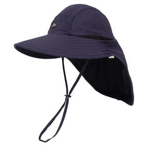 Detail of navy sun hat with wide brim, neck flap and breathable mesh for fishing