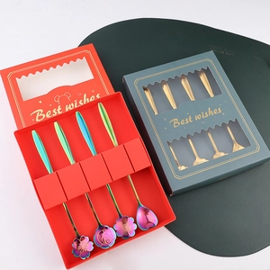 Creative stainless steel flower head long handle spoons in colorful and gold gift boxes