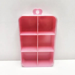 Pink 6-grid plastic organizer box with heart-shaped ring handle and clear lid