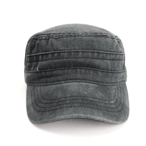 Vintage washed charcoal grey flat top cadet cap with triple stitched detailing