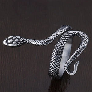 Vue macro d'une bague serpent vintage montrant les écailles et la finition argentée