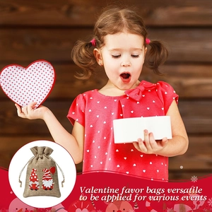 Linen Valentine drawstring favor bag with gnome print held by a girl in festive setting