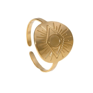 Golden titanium steel open ring with classic vintage evil eye engraving on white background