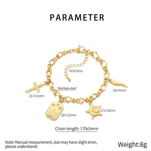 Detailed size specifications for gold stainless steel chain bracelet with multi charms